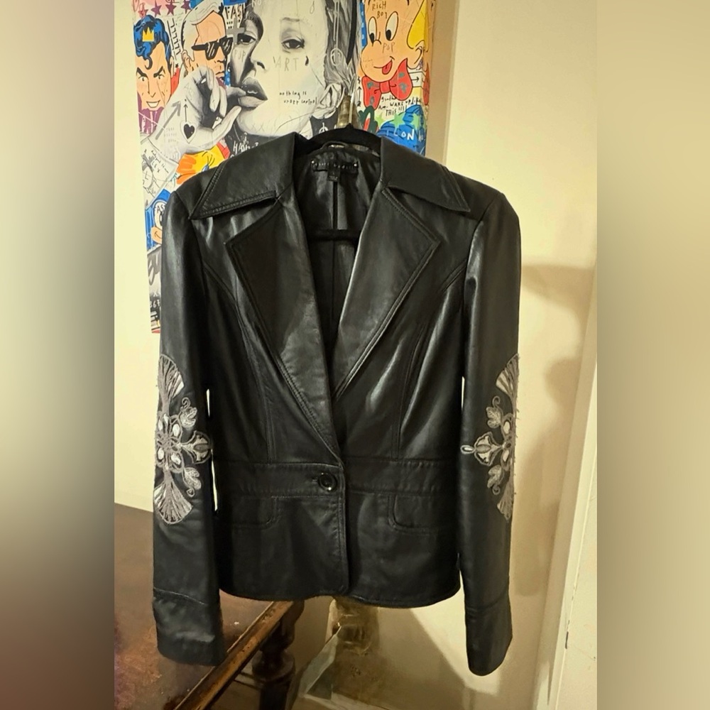 Black Leather Jacket with Embroidered Details cross